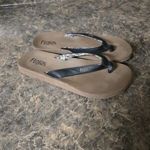 Flojos Ladies' Flip Flops Black Women Sandals Sz 7 Hawaiian Fabric Lining